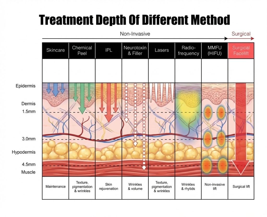 Surface, middle and deep layers targeted by different Korean skin treatments
